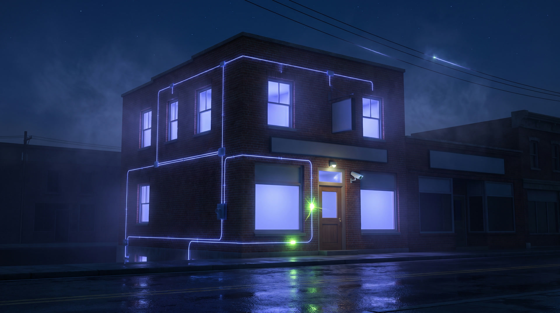 A brick storefront at night with glowing cable runs