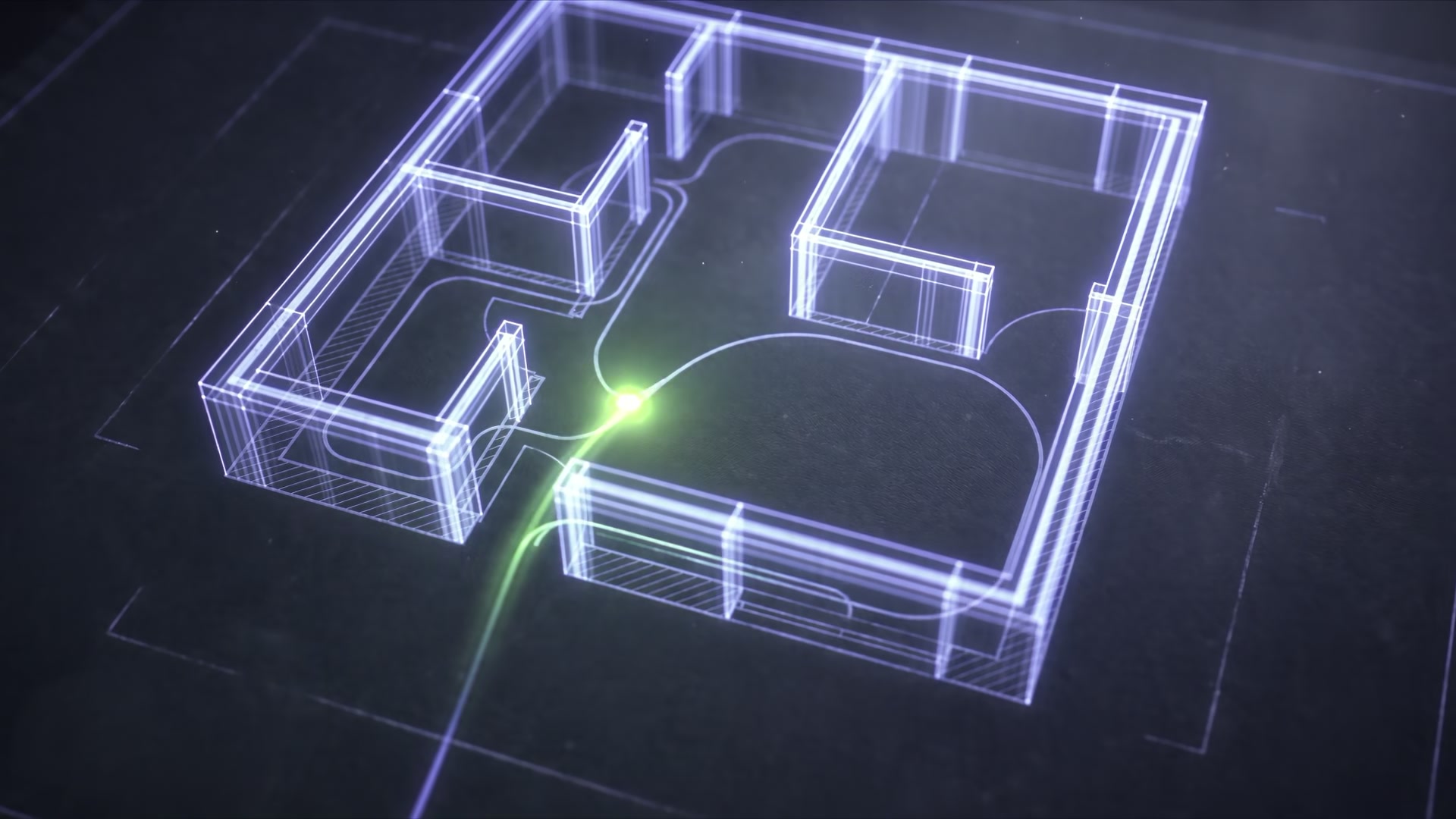 A glowing wireframe building rising from a blueprint